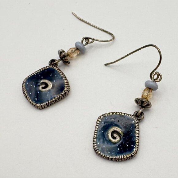 Avon Bead Swirl Design Dangle Earrings Blue Enamel Glitter Finish Silver Tone - Picture 4 of 6